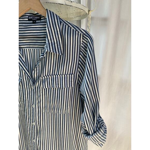 Velvet Heart Shirt Button Down Blue and White Stripe Roll Tab Sleeves Tencel Lg - Picture 5 of 10
